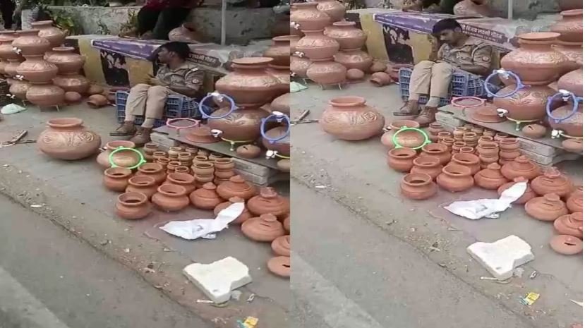 लखनऊ में नशे में धुत ट्रैफिक SI का VIDEO:घड़े की दुकान में गिरा फिर उठ नहीं पाया, लोग बोले- तांडव मचाया