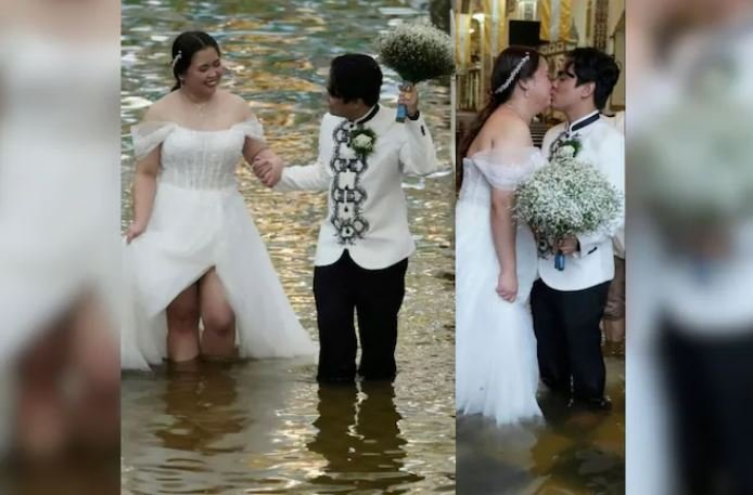 ਹਨ੍ਹੇਰੀ-ਤੂਫਾਨ ਵੀ ਨਾ ਰੋਕ ਸਕਿਆ ਇਸ ਜੋੜੇ ਦੇ ਵਿਆਹ ਨੂੰ, ਗੋਡਿਆਂ ਤੱਕ ਪਾਣੀ, ਮੀਂਹ ਵਿੱਚ ਡੁੱਬਿਆ ਚਰਚ, ਬਣਿਆ ਪਿਆਰ ਦੀ ਮਿਸਾਲ