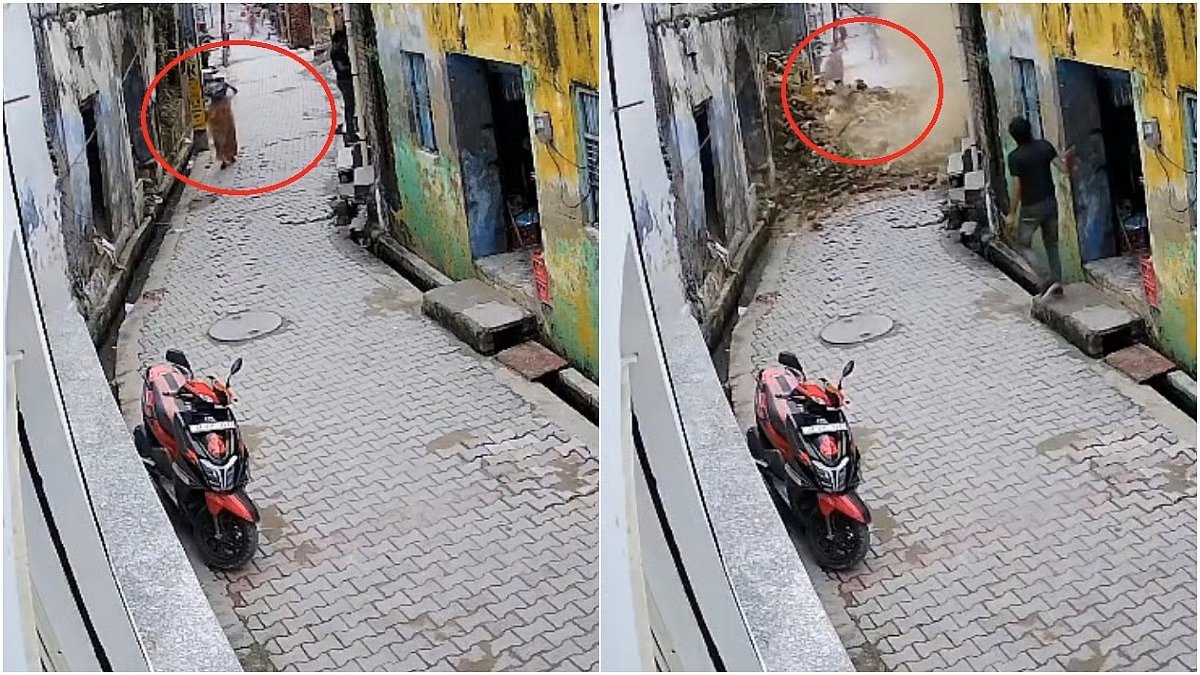 हापुड़ में 5 सेकेंड में जर्जर स्कूल की बिल्डिंग गिरी, बाल-बाल बची महिला