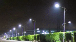 An illustrative photo showing high-quality LED street lights illuminating a rural road or village firni at night.