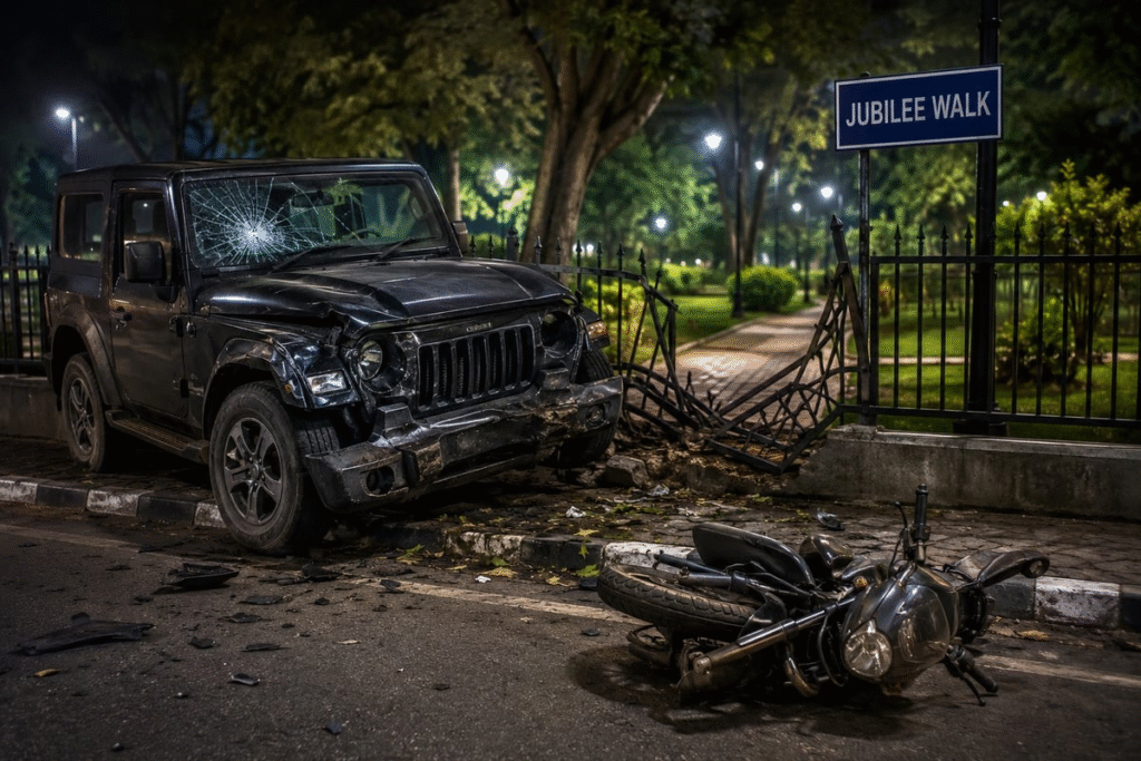 An wholesome illustrative photo representing a night scene of a road accident location in Mohali with police barricades, flashing lights of a police cruiser, and a damaged vehicle covered under shadows.