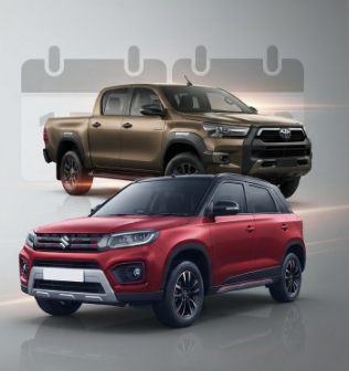 An wholesome illustrative photo representing a futuristic automobile showroom with sleek modern lighting, showcasing a sporty compact SUV on the left and a muscular hybrid pick-up truck on the right.